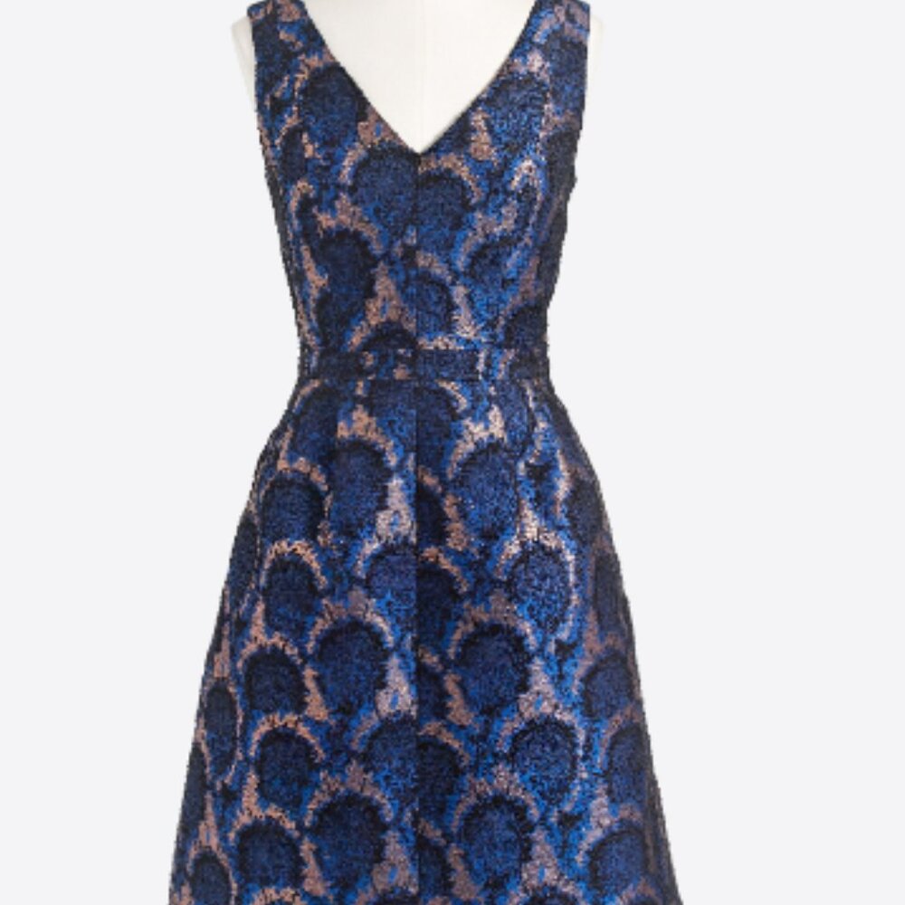 NWT J. Crew Factory Peacock Jacquard metallic dress blue black copper pockets 6